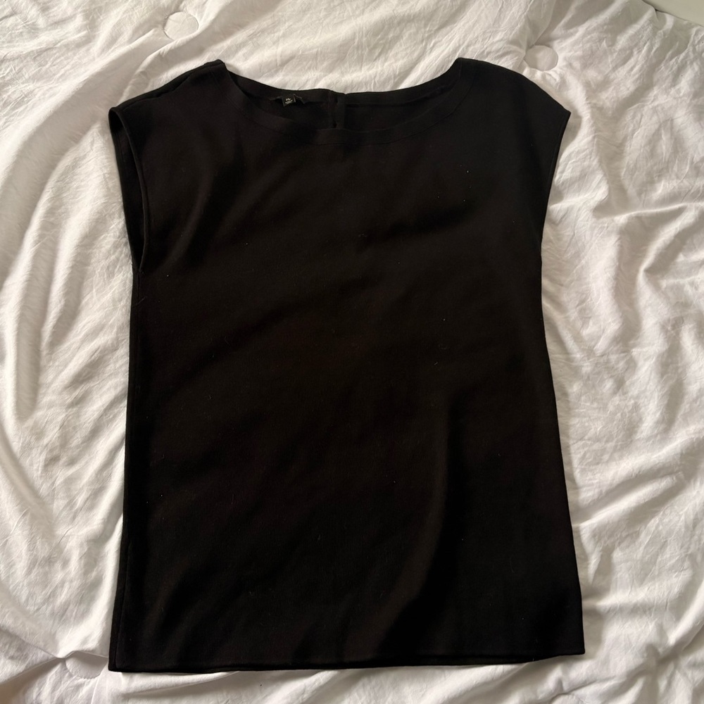Talbots Black Cotton Cap Sleeve Top Minimalist Classic Blouse, M petite